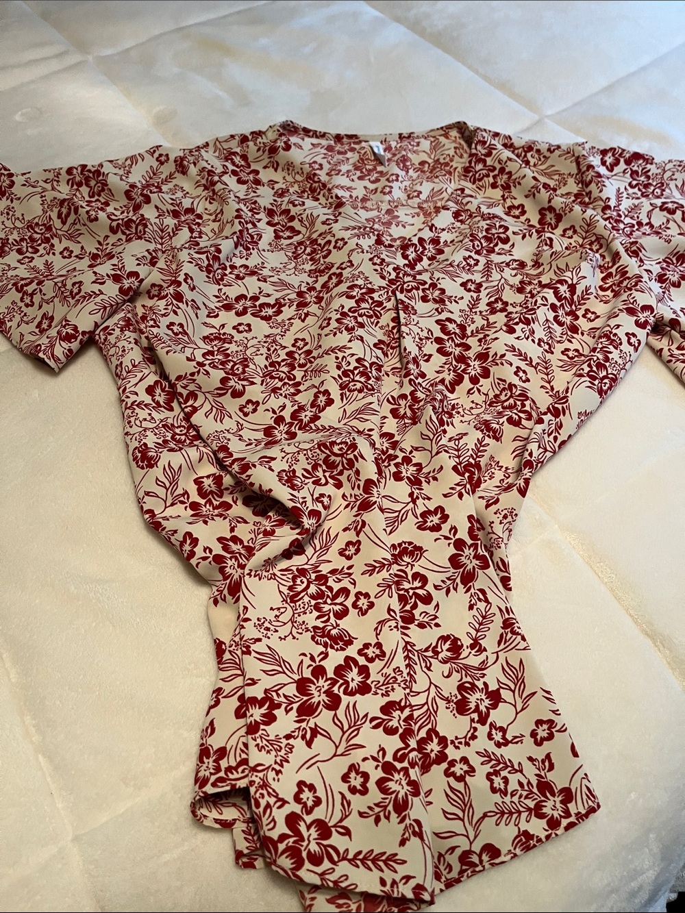 Cream Top with Red Floral Print - Women's
